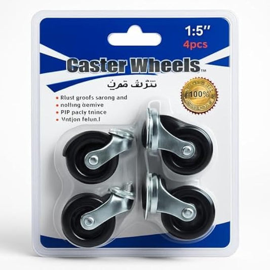 1.5 Inch Caster Wheels Black - Pack of 4 | Replacement Furniture & Chair Swivel Rolling Wheels 38mm