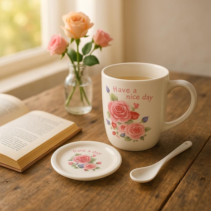 White Ceramic Mug with Spoon and Lid, Have a Nice Day Floral Design, Coffee Tea Cup