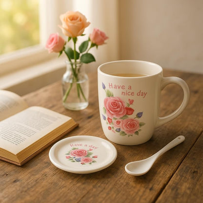 White Ceramic Mug with Spoon and Lid, Have a Nice Day Floral Design, Coffee Tea Cup