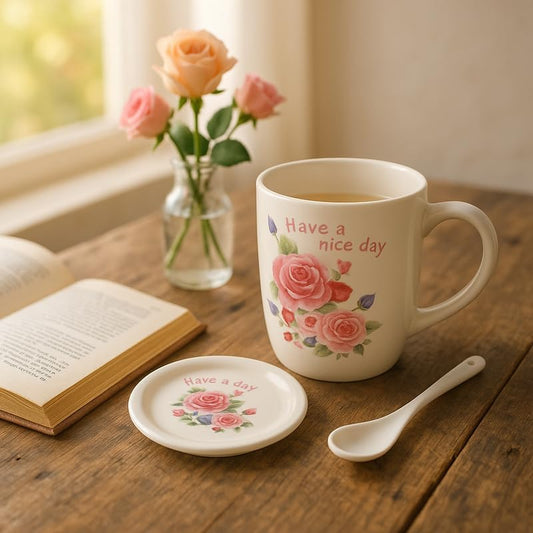 White Ceramic Mug with Spoon and Lid, Have a Nice Day Floral Design, Coffee Tea Cup