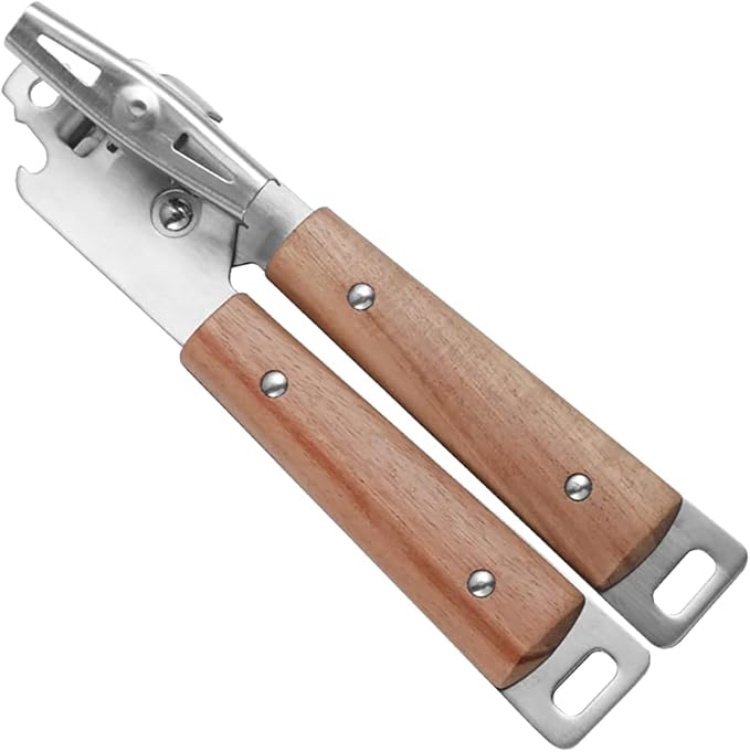 FITTO Stainless Steel Manual Can Opener with Acacia Wooden Handle, Durable and Stylish Design for Effortless Opening