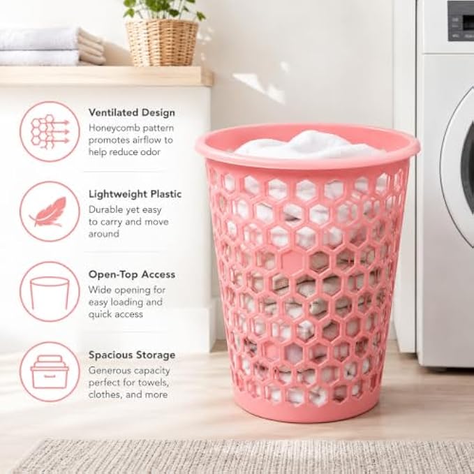 96 Pieces Plastic Laundry Baskets with Ventilated Honeycomb Design (Lightweight Open-Top Clothes Hamper for Bedroom – Bathroom and Laundry Room – Pink)