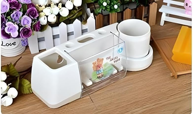 Toothbrush Holder, 5 Slots 2 Cups, Space-Saving Wall-Mounted Toothpaste Holder with Dust Protection Cover, Drain Holes, Suction Hook, Multifunctional Bathroom Organizer