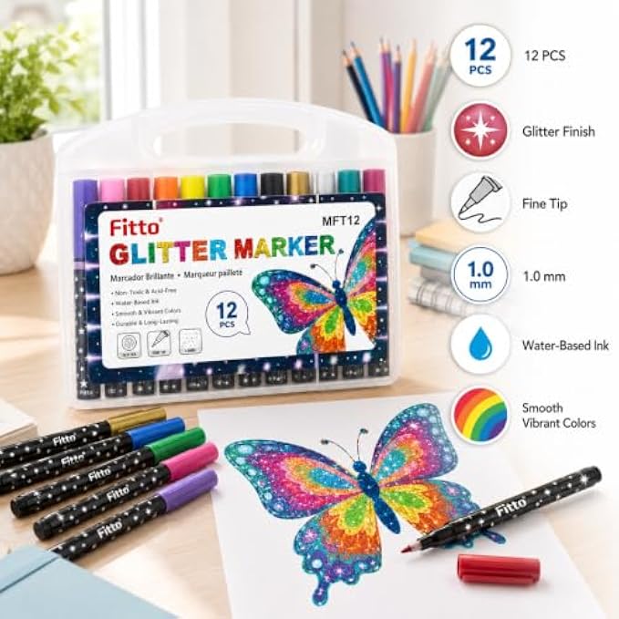 120 Pieces Glitter Markers (12-Piece Assorted Colors Set with 1.0 mm Fine Tips – Water-Based Ink and Portable Storage Case)