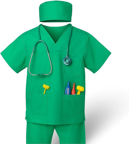 Surgeon & Doctor Green Scrubs Costume Set - Complete Outfit with Hat, Top, Pants, and Glasses - Perfect for Halloween, Cosplay, and Dress-Up