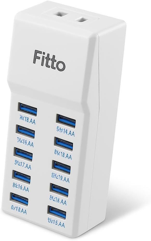 50W Travel Charger with 10 USB Ports - Fast Charging, Compact Design, White