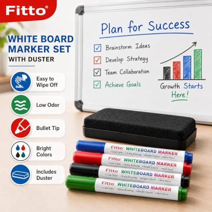 120 Pieces Whiteboard Marker Sets with Duster (4 Low-Odor Bullet Tip Dry Erase Markers in Blue – Red – Black and Green for Office – Home and Classroom)
