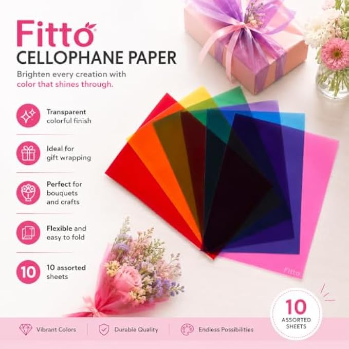 120 Pieces Cellophane Paper Packs (10 Assorted Transparent Color Sheets per Pack – For Gift Wrapping – Bouquets – Crafts and Decorations)