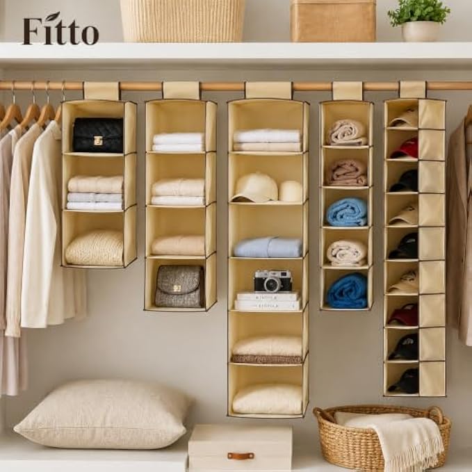 96 Pieces Hanging Closet Organizers (Beige Fabric Wardrobe Storage Shelf for Clothes – Bags – Shoes and Accessories)
