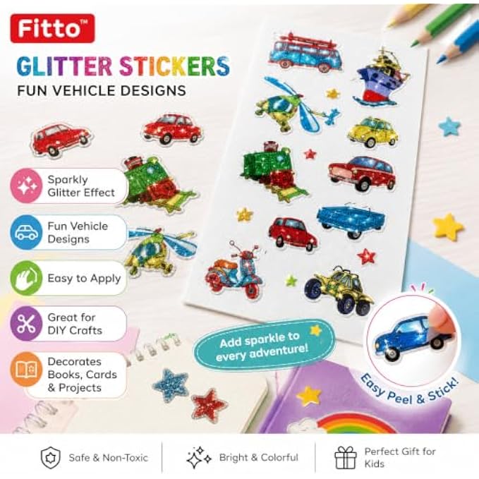 240 Pieces Glitter Vehicle Stickers (Assorted Sparkly Cars – Trains – Boats and Aircraft Peel-and-Stick Craft Decorations for Books – Cards and Projects)