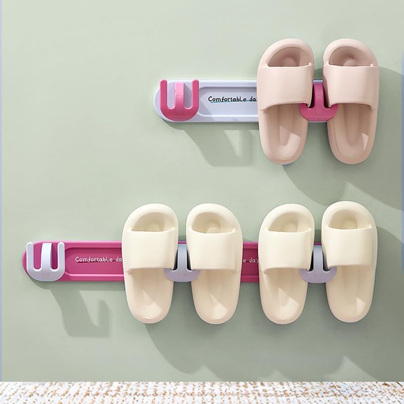 Wall-Mounted Slipper Rack – White & Pink – Large Size – 3 Hooks – Holds 3 Pairs