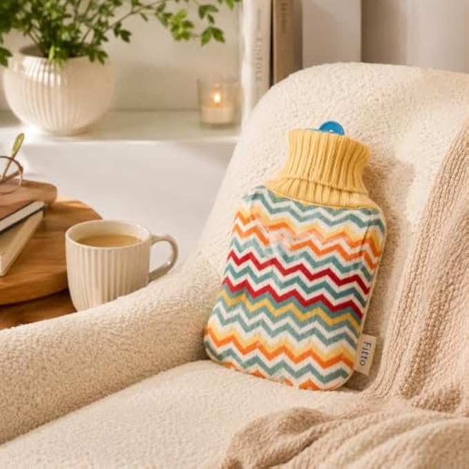 96 Pieces 2L Hot Water Bags with Yellow Zigzag Knitted Cover (Reusable Warm Water Bottle with Leak-Resistant Stopper for Bed and Sofa)