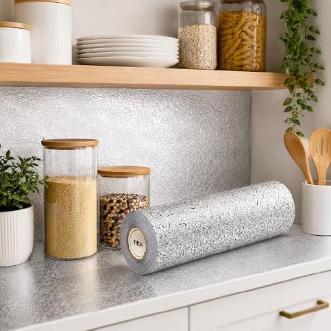 144 Pieces Kitchen Wallpapers (Self Adhesive Waterproof Oil Resistant Wall and Countertop Sticker for Kitchen Backsplash – Cabinets and Home Surfaces – Silver)
