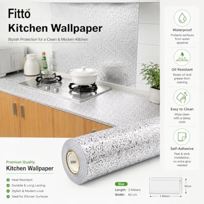 144 Pieces Kitchen Wallpapers (Self Adhesive Waterproof Oil Resistant Wall and Countertop Sticker for Kitchen Backsplash – Cabinets and Home Surfaces – Silver)