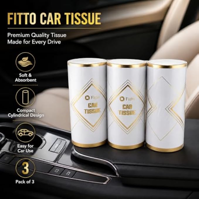 120 Pieces Car Tissue Canisters (3-Pack Soft Absorbent Tissues in Compact Cup Holder Containers – White and Gold)