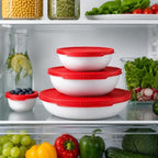 96 Pieces 3 Piece Vacuum Sealed Food Storage Container Sets (Stackable BPA-Free Bowls with Red Lids for Kitchen Storage)