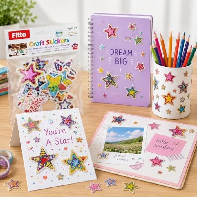 240 Pieces Glitter Star Craft Stickers (Assorted Self-Adhesive Star Shapes for Cards – Journals – Scrapbooks and DIY Decorations)