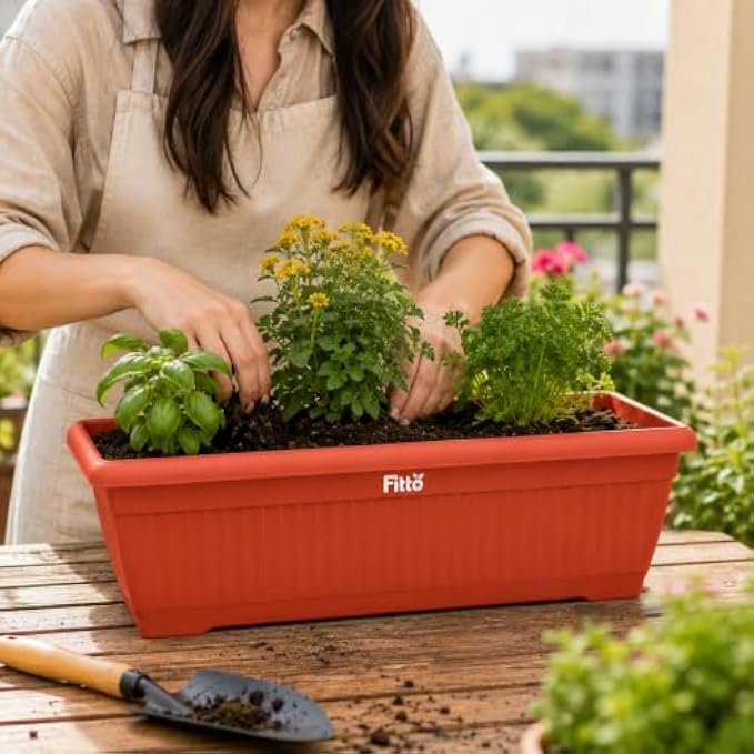 72 Pieces 62 cm Rectangular Plant Pots with Matching Drainage Tray (Durable Lightweight Plastic Planter for Herbs Flowers Indoor Outdoor Balcony Garden – Orange)