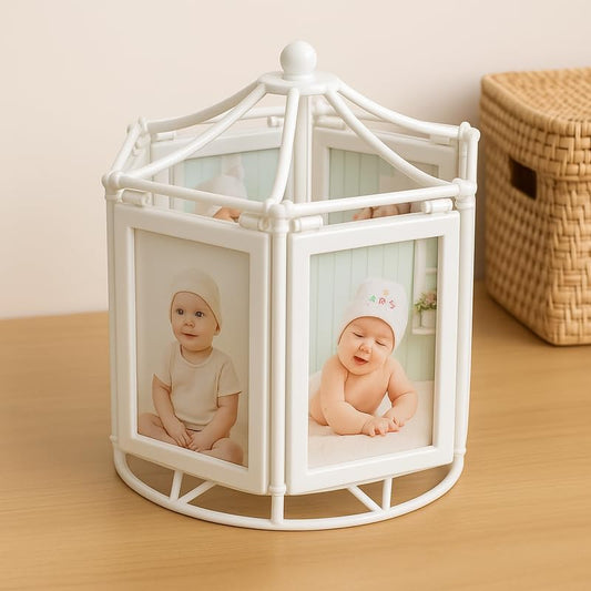 White Rotating Photo Frame with 6 Picture Slots and Music for Home Decor