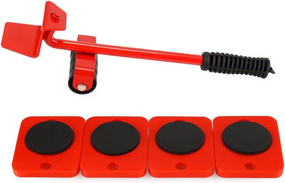 Furniture Gear Shift Lever Elevator - 5-Piece Heavy-Duty Red Moving Tool Set, Labor-Saving Slider for Easy Furniture and Appliance Transport