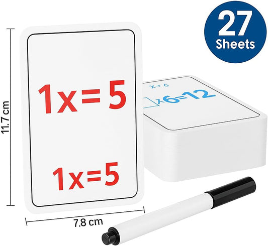 27-Sheet Multiplication Flash Cards with Marker - 11.7x7.8cm Educational Math Learning Tool