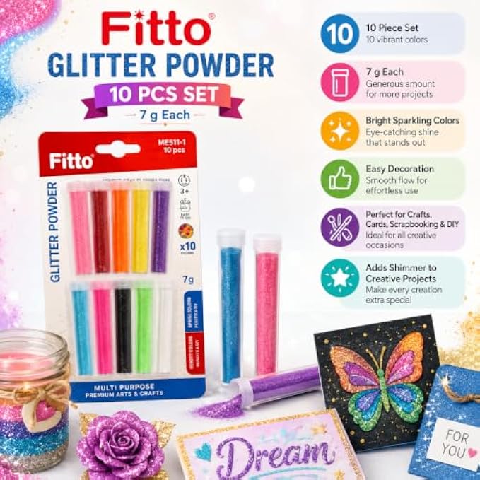 120 Pieces Glitter Powder Sets (10 Tubes – 7 g Each – Assorted Fine Shimmer Colors for Crafts – Cards – Decorations and DIY Projects)