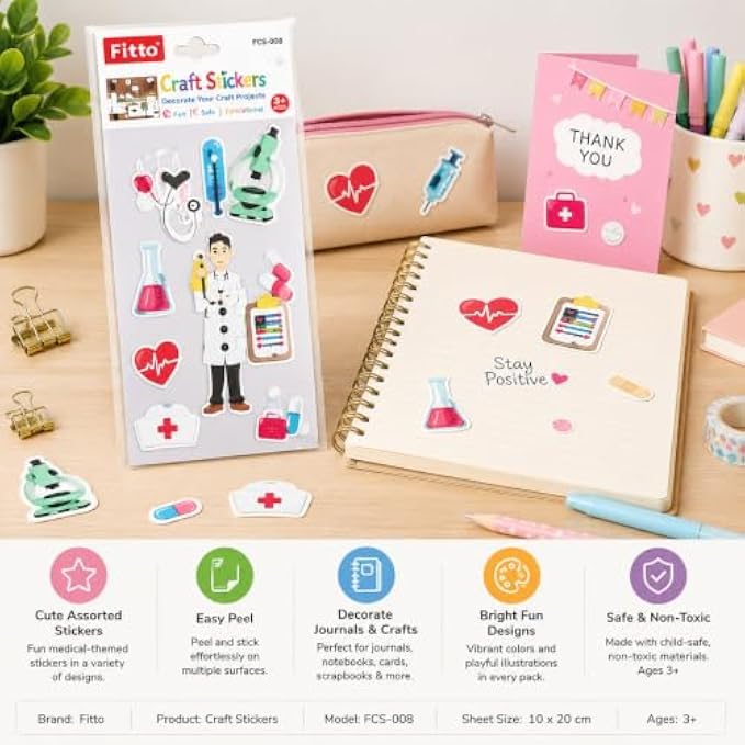 144 Pieces Medical Theme Craft Stickers (32-Piece Self-Adhesive Doctor and Hospital Sticker Sheet for Journals – Cards and DIY Projects)