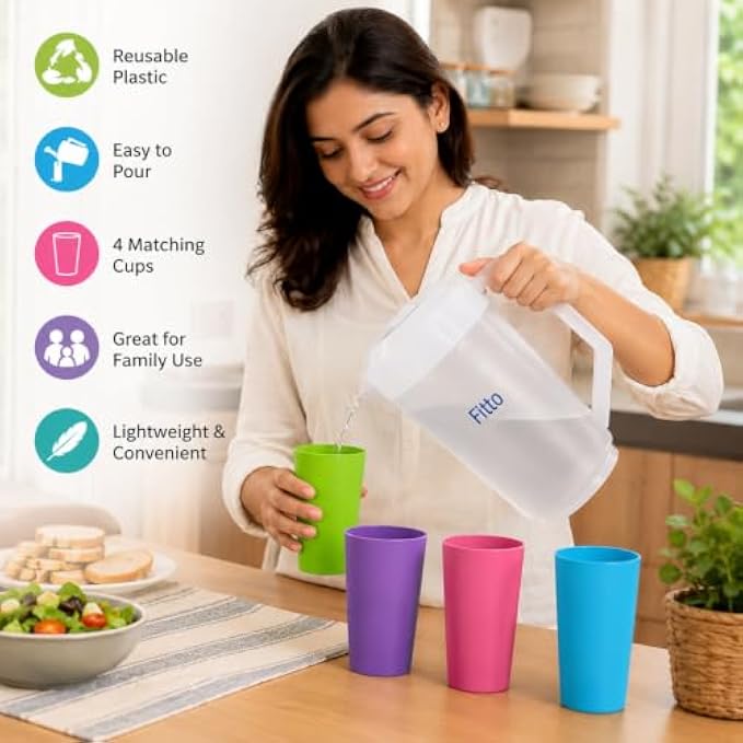 96 Pieces Plastic Water Jugs (4-Glass Set – 2000ml Jug and 300ml Cups – BPA-Free Food-Grade Drinkware Set for Water – Juice – Iced Tea and Everyday Family Use)