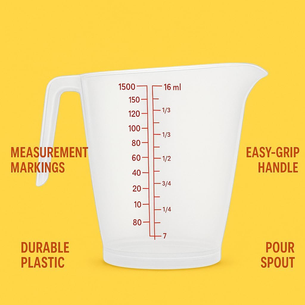 144 Pieces 1500ml Plastic Measuring Cups (Transparent Jug for Cooking & Baking – Easy-Read Red Markings – Non-Slip Handle – Slanted Spout – Stackable BPA-Free 7 Cup Measure for Accurate Liquid Measurements)