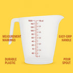 144 Pieces 1500ml Plastic Measuring Cups (Transparent Jug for Cooking & Baking – Easy-Read Red Markings – Non-Slip Handle – Slanted Spout – Stackable BPA-Free 7 Cup Measure for Accurate Liquid Measurements)