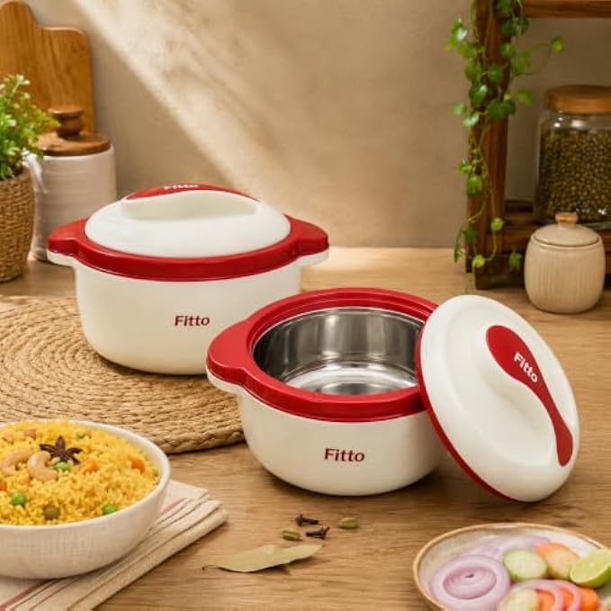 96 Pieces Stainless Steel Insulated Casseroles (1500 ML with Lid – Hot Pot Food Warmer – Easy-Grip Handles – Red and Cream)