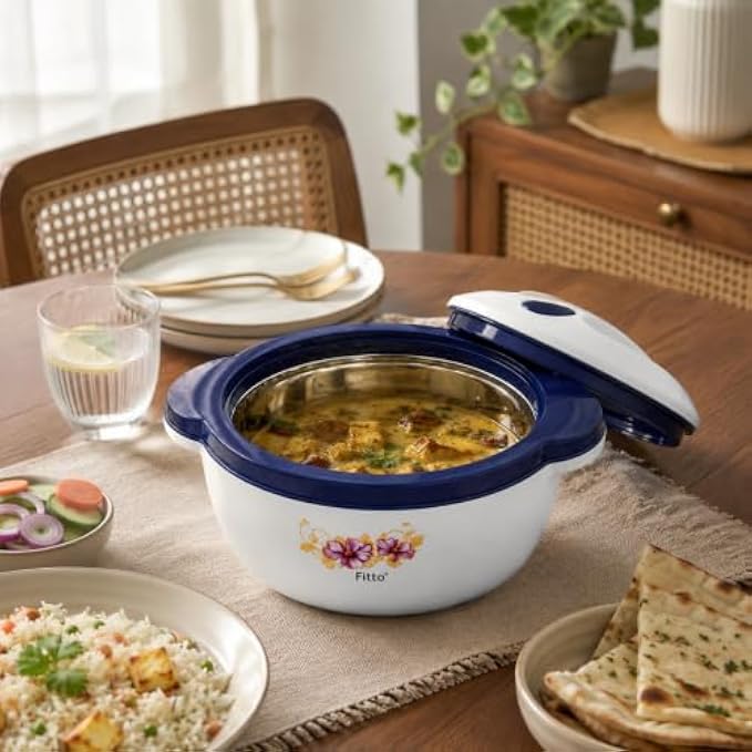 72 Pieces Stainless Steel Insulated Casseroles (2500ml – Hot Pot Food Warmer with Stainless Steel Inner Bowl – Secure Lid and Easy-Grip Handles – White and Navy Blue)