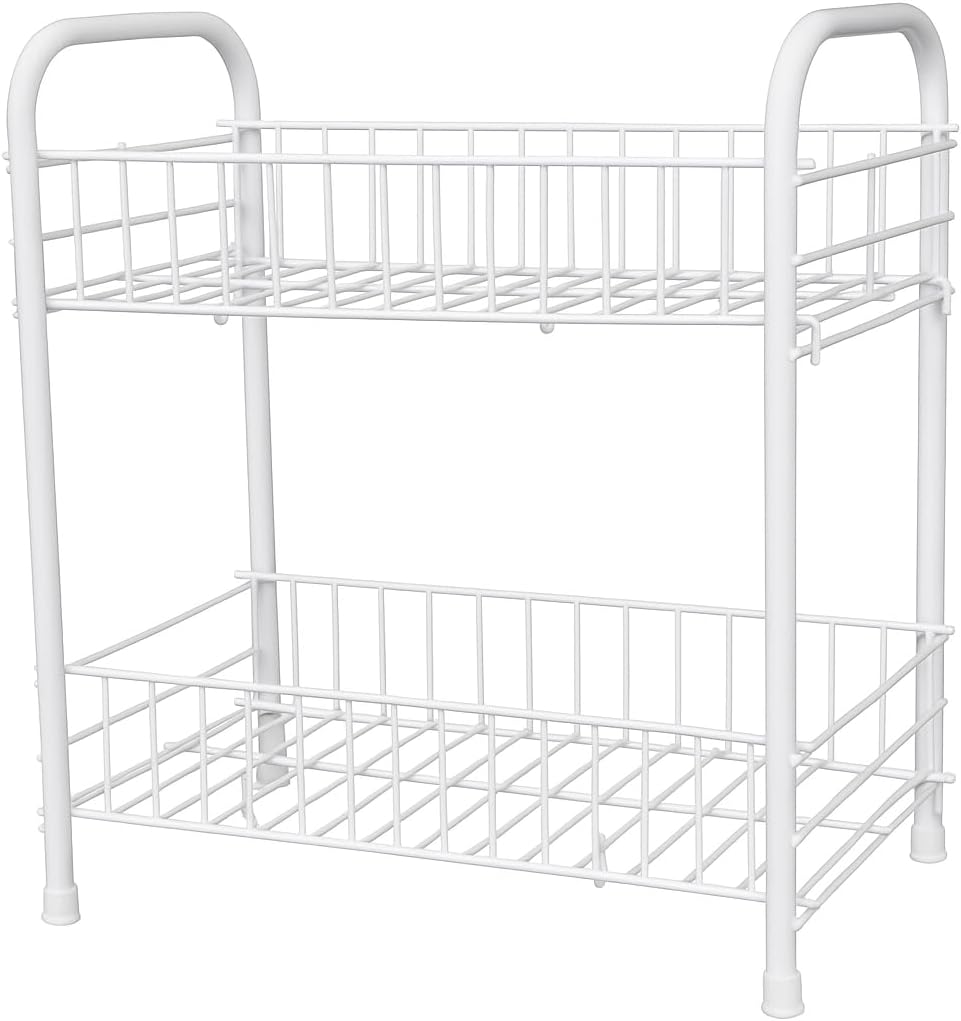 2-Tier Fruit and Vegetable Rack, Metal Wire Kitchen Storage, Modern Decorative Storage Basket, Compact Organizer for Fruits & Veggies, Durable and Easy to Clean, White