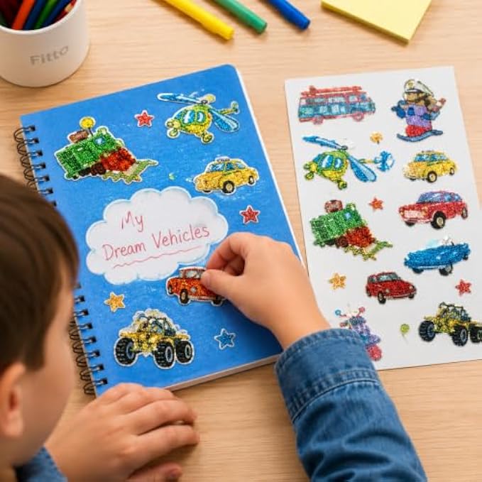 240 Pieces Glitter Vehicle Stickers (Assorted Sparkly Cars – Trains – Boats and Aircraft Peel-and-Stick Craft Decorations for Books – Cards and Projects)