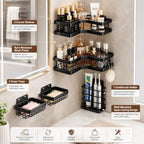 60 Pieces 5-Piece Wall Mounted Bathroom Organizer Sets with Corner Shelves (Storage Baskets and Hooks for Toiletries – Shower and Vanity – Black)