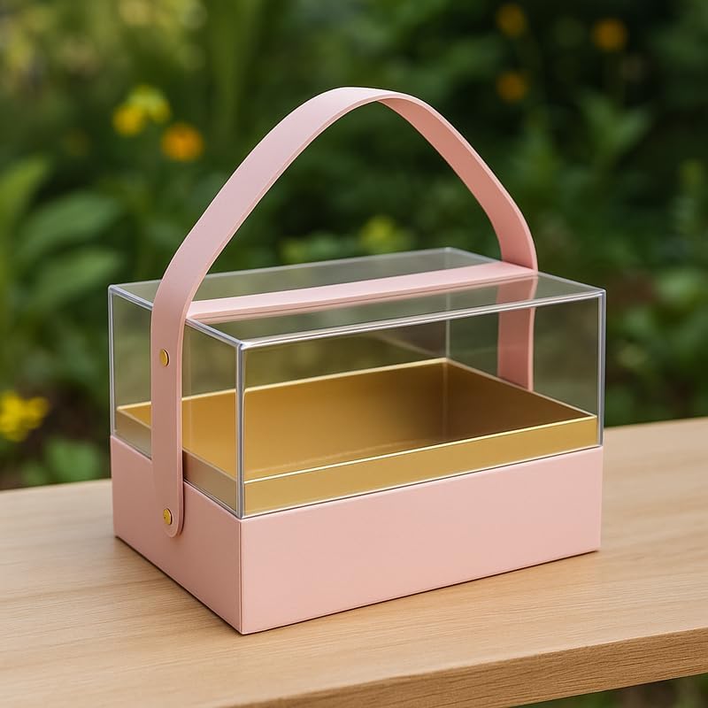 Transparent Acrylic Gift Rectangular Box with Handle, 18x13.5x12.5cm, Pink Storage Organizer