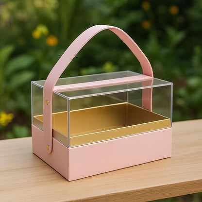 Transparent Acrylic Gift Rectangular Box with Handle, 18x13.5x12.5cm, Pink Storage Organizer