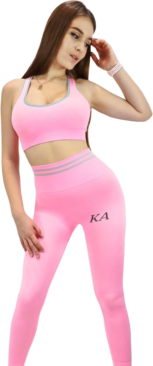 Fitto 2 Pieces Pulse Set - High Waisted Leggings with Sports Round neck Bra Shoulder Strap Workout Gym Yoga Sleeveless Outfit for Women (Medium, Pink)