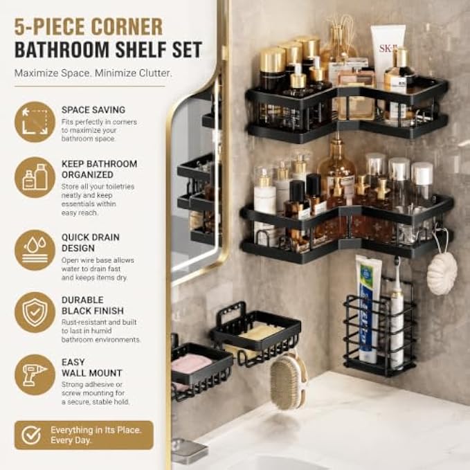 60 Pieces 5-Piece Wall Mounted Bathroom Organizer Sets with Corner Shelves (Storage Baskets and Hooks for Toiletries – Shower and Vanity – Black)
