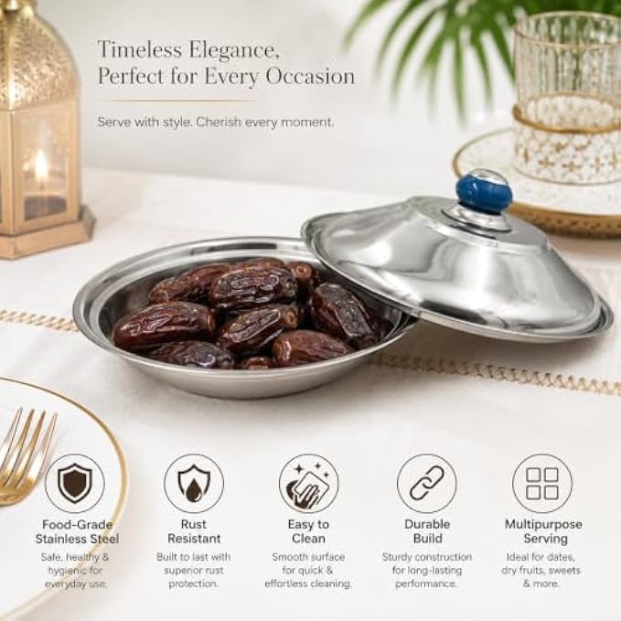 96 Pieces Stainless Steel Dates Dishes with Lid (Round Serving Bowl for Dates – Dry Fruits – Sweets and Snacks – Silver)