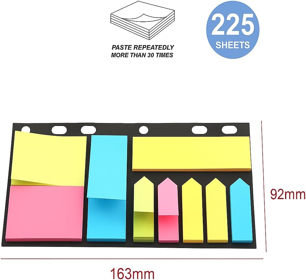 Sticky Notes 225 Sheets, 163mm x 92mm, Multi-Color, 9 in 1 Pack for Office and School Use