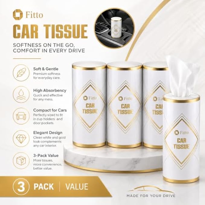 120 Pieces Car Tissue Canisters (3-Pack Soft Absorbent Tissues in Compact Cup Holder Containers – White and Gold)