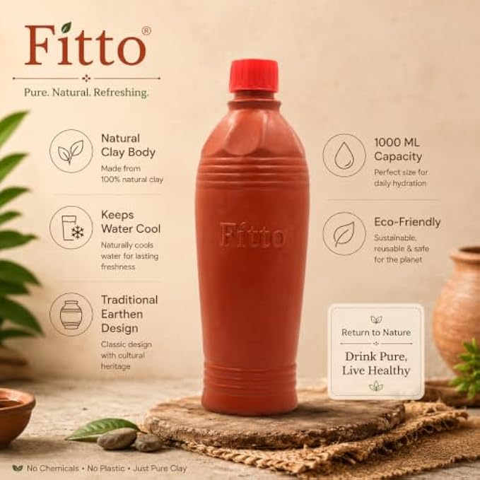 72 Pieces Natural Clay Water Bottles (1000 ML – Traditional Earthen Drinking Bottle with Cap – Reusable Eco-Friendly Cool Water Bottle for Home – Office and Daily Hydration)