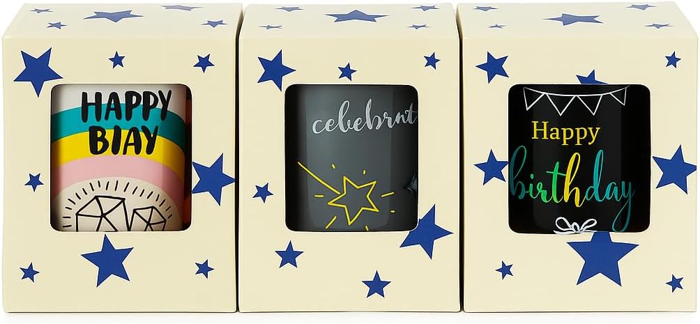 96 Pieces White Ceramic Mugs with Happy Birthday Print and Colorful Diamond Design