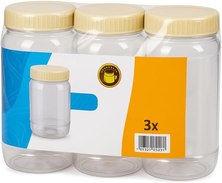 PET Jar Set 1500 ML, 3 Piece, Clear Plastic Storage Containers with Lids for Kitchen and Pantry Organization