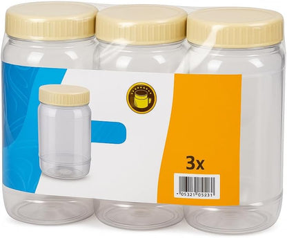 PET Jar Set 1500 ML, 3 Piece, Clear Plastic Storage Containers with Lids for Kitchen and Pantry Organization