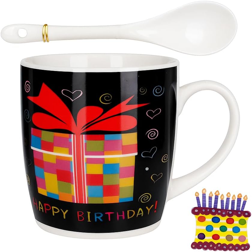 Ceramic Mug with Spoon and Lid, Black Outer, White Interior, Happy Birthday Candle Design