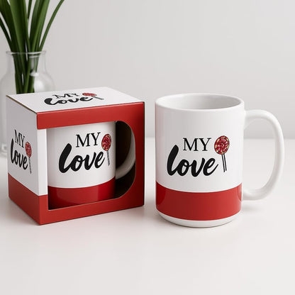 White and Red Ceramic Mug with My Love Print, Coffee Tea Cup, Romantic Gift for Couples