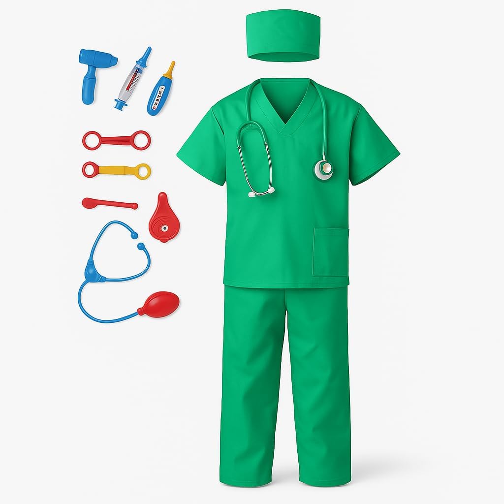 72 Pieces Surgeon & Doctor Green Scrubs Costume Set - Complete Outfits with Hat (Top – Pants – and Glasses - Perfect for Halloween – Cosplay – and Dress-Up)