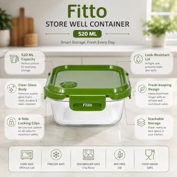 96 Pieces 520 ML Square Glass Food Storage Containers with Green Leak-Resistant Lid (4-Side Locking Clips – Stackable Kitchen Storage Box)